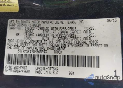 2013 Toyota Tundra Grade 4.6L V8 из США, поврежденный, VIN 5TFRM5F17DX065093